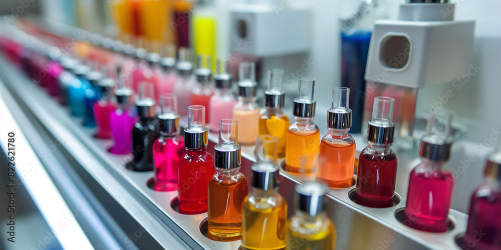 A row of various colored liquid filled dropper bottles on an assembly line in a modern laboratory, highlighting themes of pharmaceutical production, research, and scientific advancement. A row of various colored liquid filled dropper bottles on an assembly line in a modern laboratory, highlighting themes of pharmaceutical production, research, and scientific advancement.