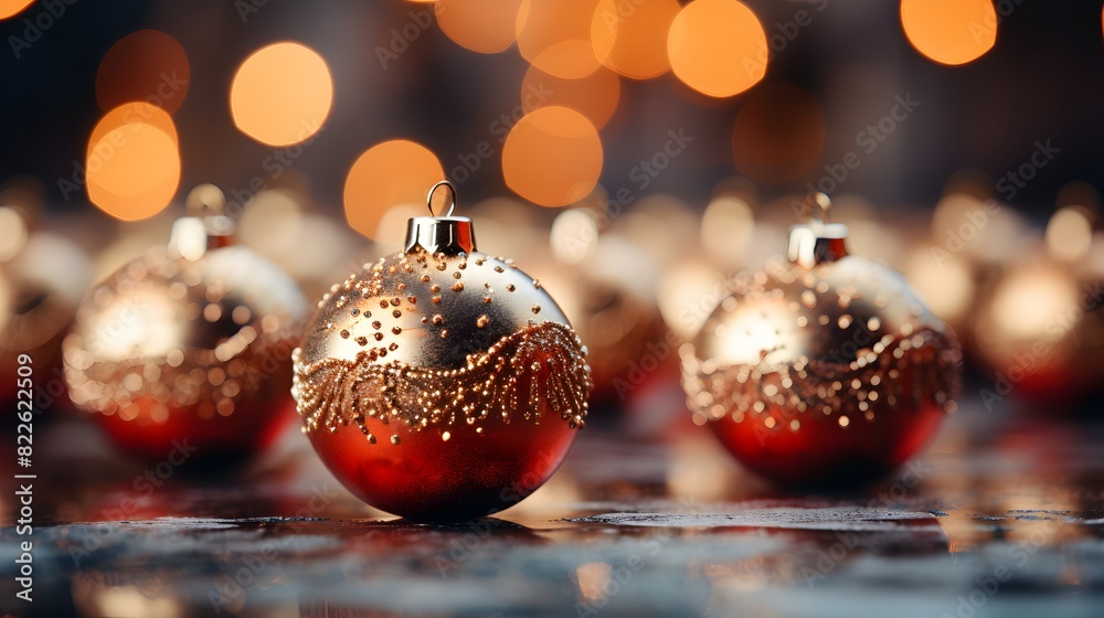 Christmas ornaments - bokeh lights and glittering details in close-up of festive, Christmas decoration Christmas ornaments - bokeh lights and glittering details in close-up of festive, Christmas decoration