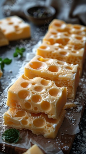 cooked cheesecake cut into pieces from a bird's eye view. There are round holes in the yellow cake, similar to cheese. 