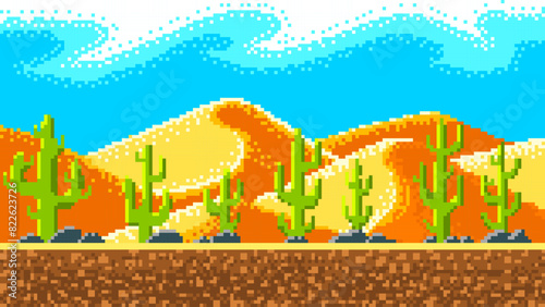 Cacti and mountains in the desert. Pixel art 8 bit objects. landscape background for the application or a website. Retro game assets. Vintage computer video arcades. Vector illustration.