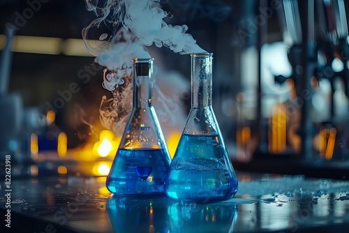 Two blue flasks emitting smoke photo