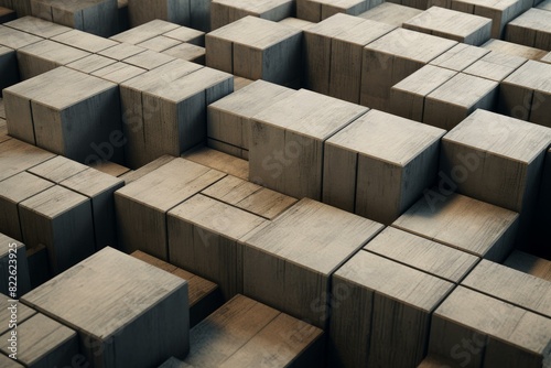 Orderly Square blocks room. Grunge concrete block pattern structure. Generate Ai