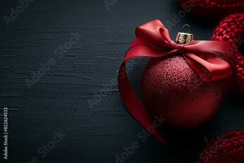 A red christmas ornament with a red ribbon on it