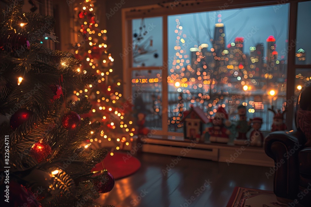 Christmas tree living room city view Christmas tree living room city view