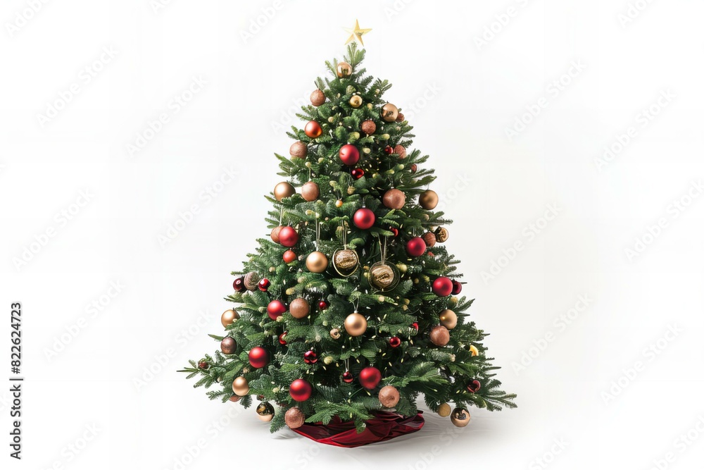 Fototapeta premium Festive tree adorned with shiny red and gold baubles