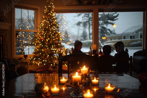 Candles lit table christmas tree © Sandu