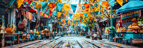 Colorful Festival Decor with Flags and Bunting, Vibrant Street Party Atmosphere, Celebratory Outdoor Event