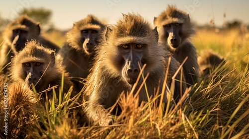 A group of monkeys are sitting in a field of tall grass photo