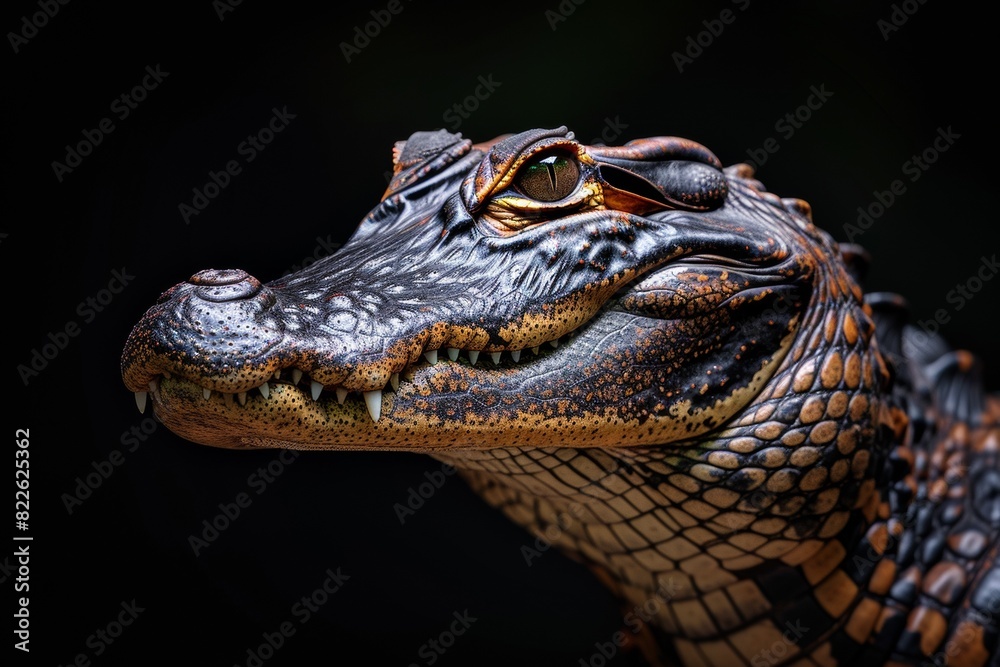 Obraz premium Mystic portrait of Black Caiman, copy space on right side, Anger, Menacing, Headshot, Close-up View Isolated on black background