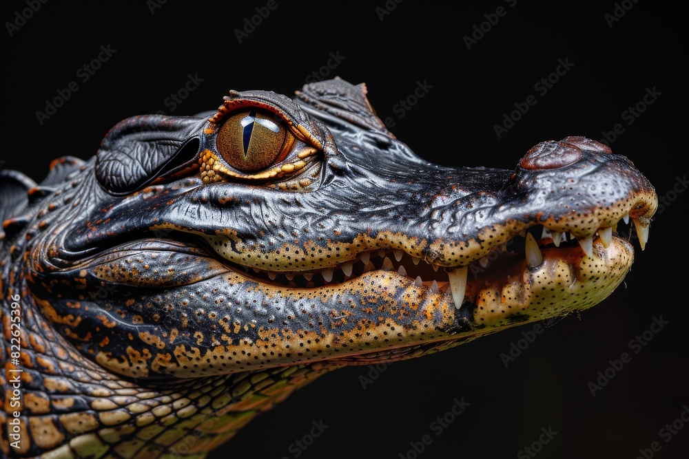 Fototapeta premium Mystic portrait of Black Caiman, copy space on right side, Anger, Menacing, Headshot, Close-up View Isolated on black background