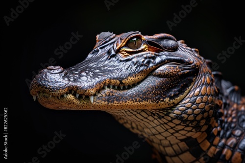 Mystic portrait of Black Caiman, copy space on right side, Anger, Menacing, Headshot, Close-up View Isolated on black background © Tebha Workspace