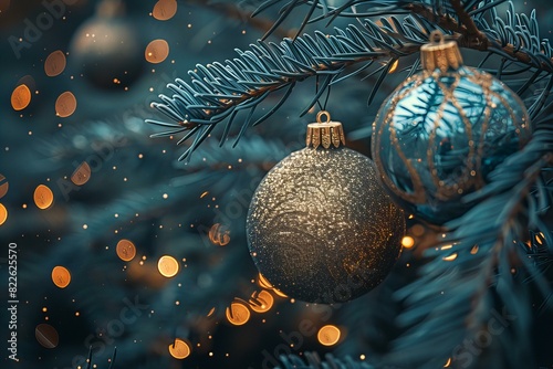 A christmas decoration hangs tree lights background
