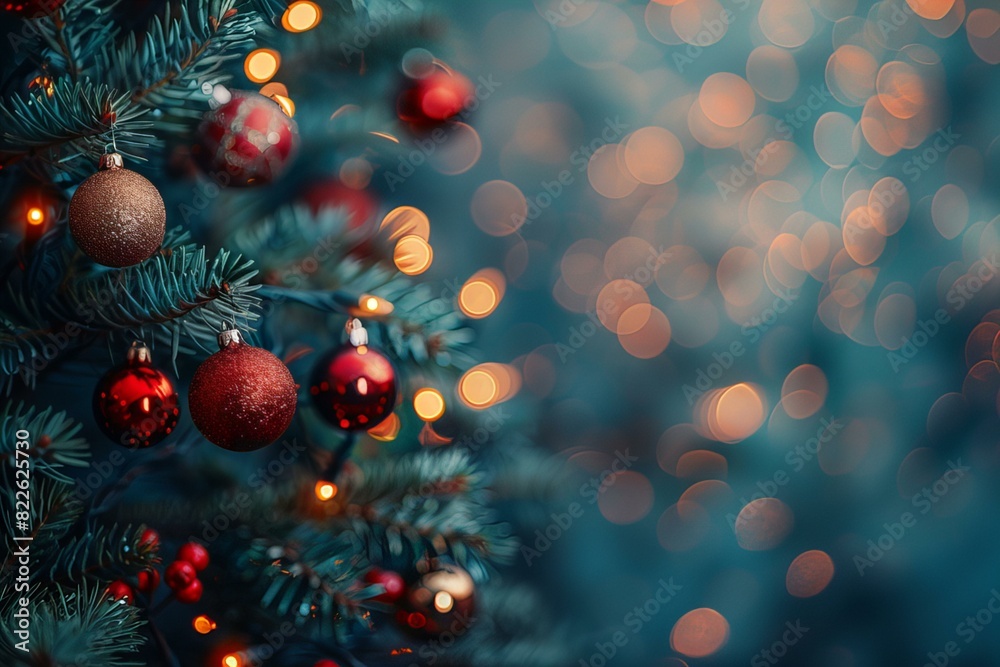 A festive evergreen adorned with crimson and amber baubles