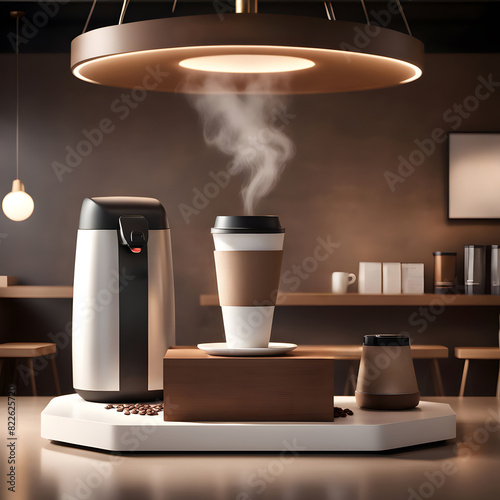 Coffee machine mock-up espresso cup to go coffee roasted beans on a table, brown chocolate palette colors steam hot barista cafe shop background mug advertisement light packaging design template 3d