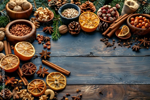 Assorted nuts and spices on table photo