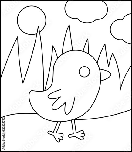 Coloring page. Nestling. Black and white chick. Vector.