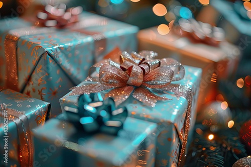 Many presents in blue and silver wrapping with bows photo