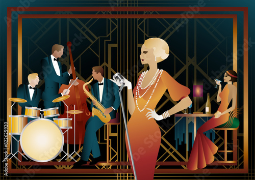 Jazz musicians and singer in a restaurant, cafe or bar. Double bass, saxophone, drum. Musicians play musical instruments