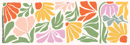 Abstract plant poster. Botanical doodle background art set. Contemporary flower and leaves abstract shape. Trendy floral in primitive contemporary style. Organic shapes.