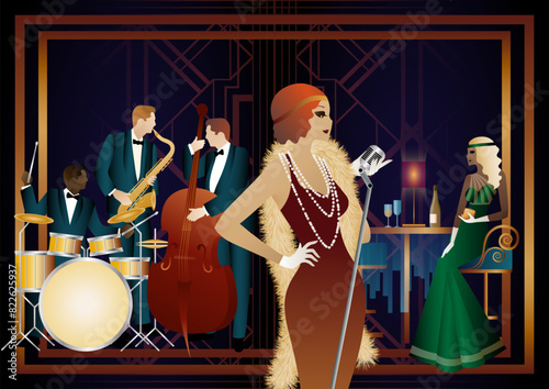Jazz musicians and singer in a restaurant, cafe or bar. Double bass, saxophone, drum. Musicians play musical instruments