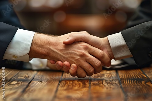 Two men shaking hands on a wooden table