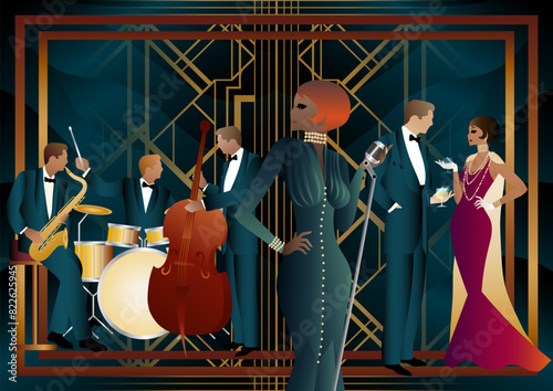 Jazz musicians and singer in a restaurant, cafe or bar. Double bass, saxophone, drum. Musicians play musical instruments