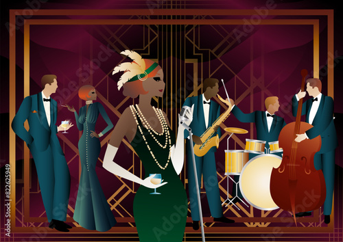 Jazz musicians and singer in a restaurant, cafe or bar. Double bass, saxophone, drum. Musicians play musical instruments