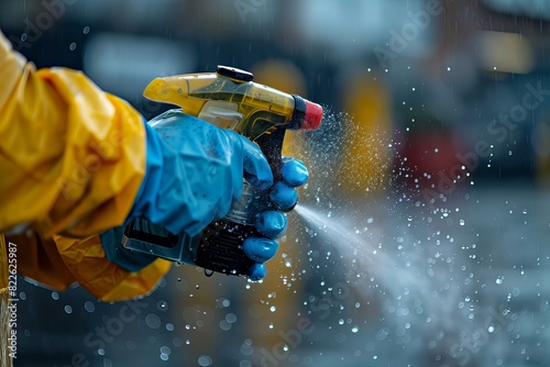 Person in yellow jacket using yellow spray bottle to water street photo