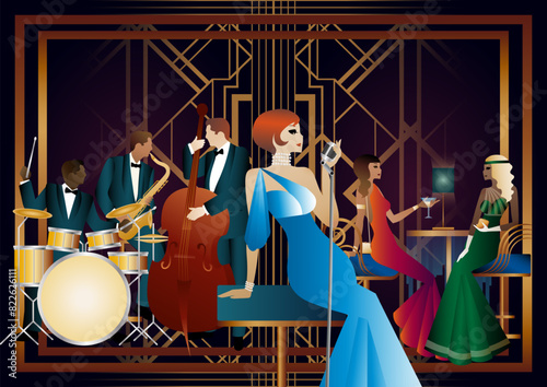 Jazz musicians and singer in a restaurant, cafe or bar. Double bass, saxophone, drum. Musicians play musical instruments