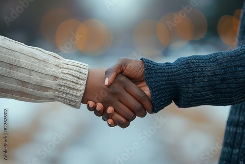 Two people shaking hands in a snowy area photo