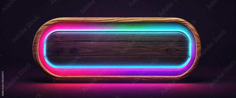 Empty Wooden Signboard with Combination of Natural Wood and Futuristic Neon Illumination. Ideal for various design needs, including signage, decoration, and other graphic elements. Empty Wooden Signboard with Combination of Natural Wood and Futuristic Neon Illumination. Ideal for various design needs, including signage, decoration, and other graphic elements.