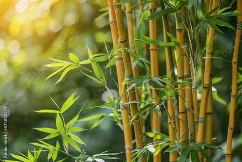 Bamboo plant close up with green leaves in sunlight