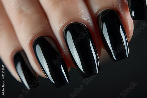 Close up of a person hand black nails photo