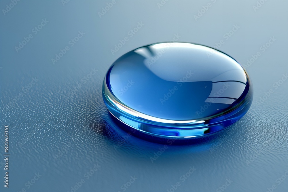 Blue glass button on table with blurry background Blue glass button on table with blurry background