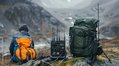A ham radio operator sets up portable equipment in a remote wilderness, ready to communicate globally.