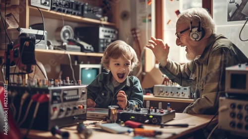 A child excitedly learns from an experienced ham radio operator in a room filled with radio components and kits.