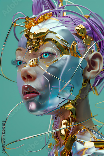 Portrait of an android girl, futuristic metallic skin and gold wire accents, surrounded by floating geometric