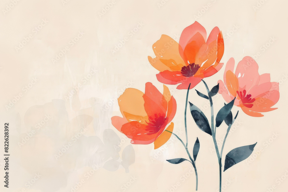 Naklejka premium Acuarela pintada representando tres flores con su ramo y hojas, en tonos rosas, morados y naranjas, sobre fondo beige