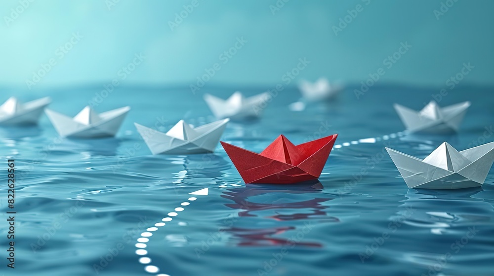 Obraz premium Red paper boat leading a group of white paper boats in blue water.