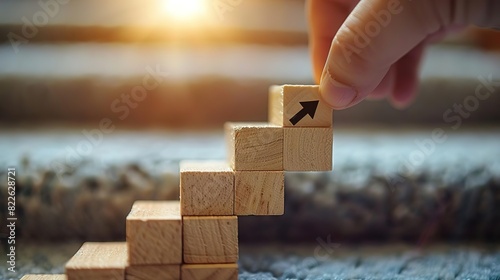 Hand placing wooden block with arrow up on staircase symbolizing growth and progress. photo