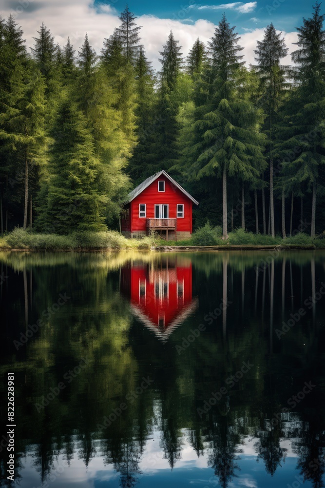 Obraz premium House in a national park on the shore of a picturesque lake. Small wooden house in a coniferous forest on the shore of a lake. Place for privacy and escape from the bustle of the city. Vertical photo.
