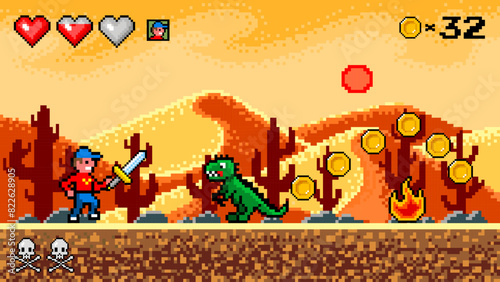 Pixel desert. The game character collects coins. Passing levels and number of lives. art 8 bit objects. Background for the application or a website. Retro game poster for computer video arcades.