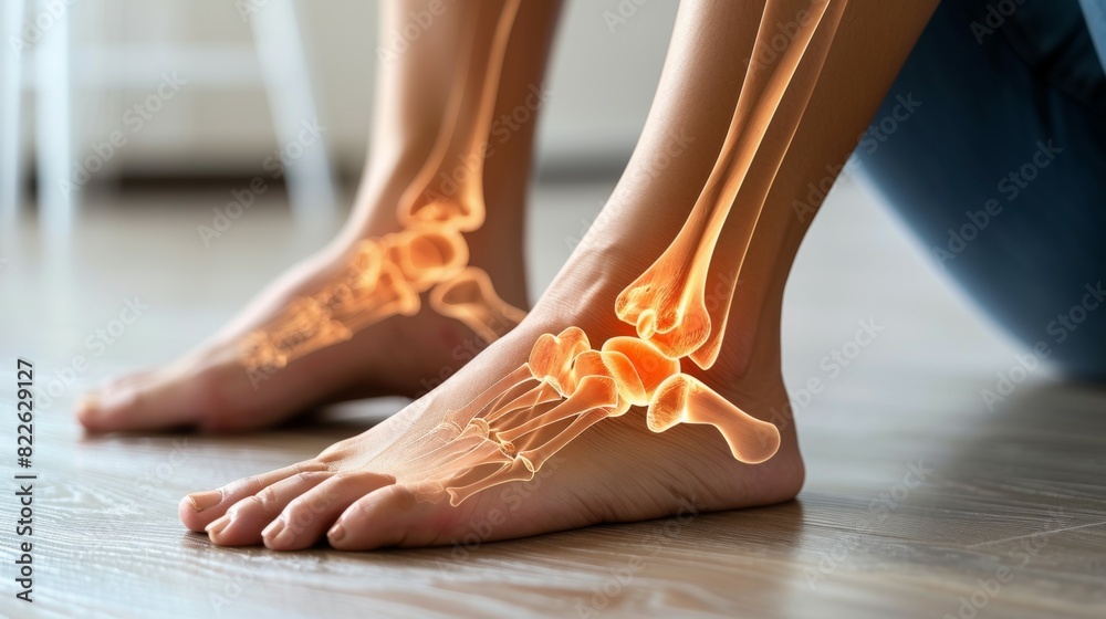A person's foot is shown with a bone structure and a red and yellow color, acute pain zone concept A person's foot is shown with a bone structure and a red and yellow color, acute pain zone concept