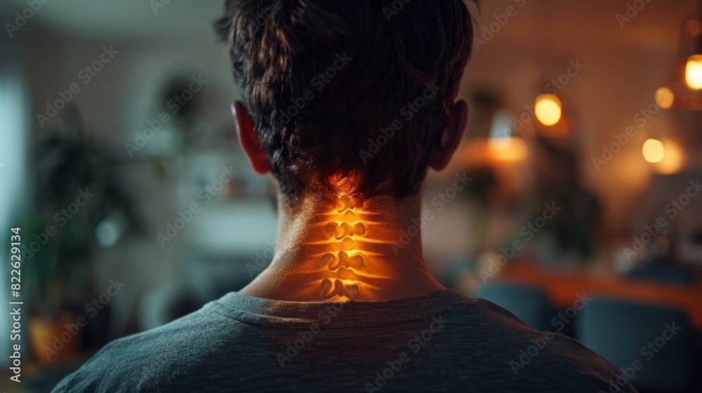 A man's neck is lit up with a light shining on it, acute pain zone concept A man's neck is lit up with a light shining on it, acute pain zone concept