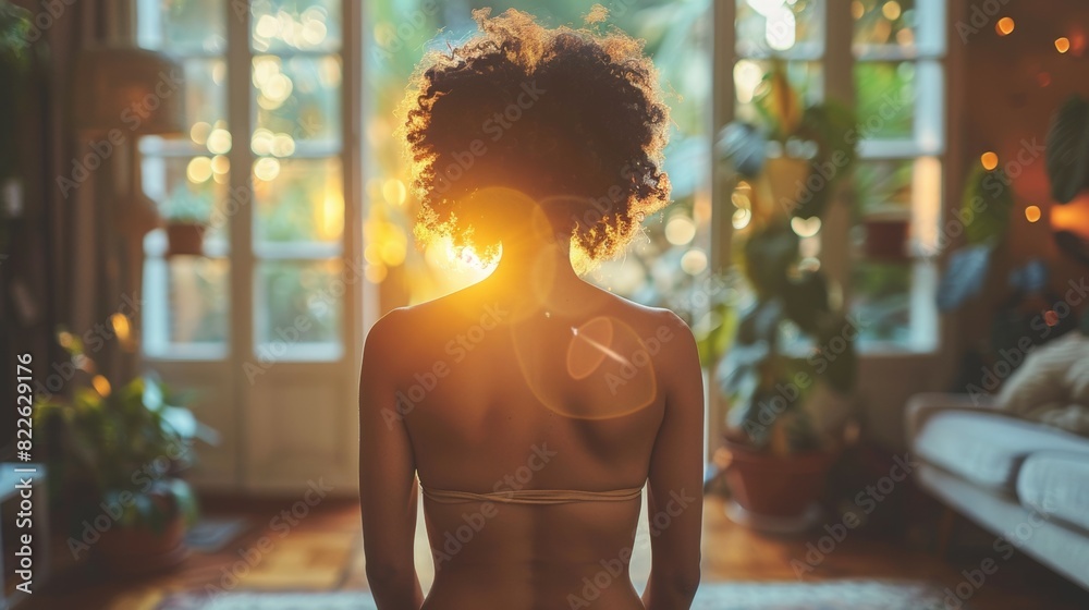A woman is sitting in a living room with a sun shining on her back A woman is sitting in a living room with a sun shining on her back