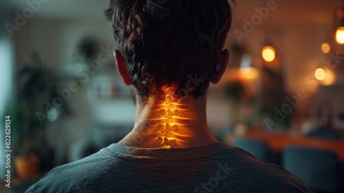 A man's neck is lit up with a light shining on it, acute pain zone concept