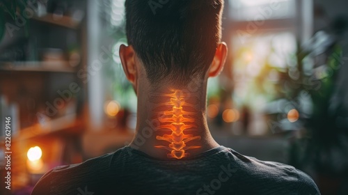 A man with a red neck has a tattoo of a spine on his neck, acute pain zone concept photo