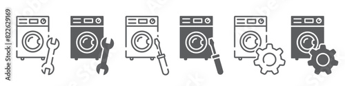 Set of washing machine repair icons. Damaged washing machine, diagnostic, repair, fixing, maintenance. Vector. EPS10.