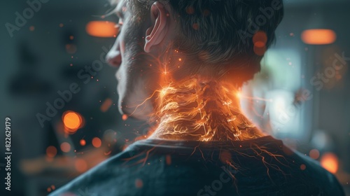 A man's neck is covered in fire and sparks, acute pain zone concept photo
