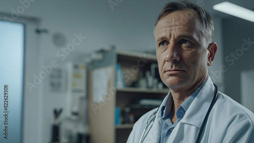 White male doctor looking at the subject with a serious or sad expression